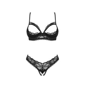 Obsessive - Seksowny Koronkowy Komplet Otwarty Biustonosz I Stringi Czarne M/L