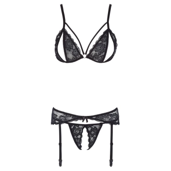 Cottelli LINGERIE - 3-Częściowy Zestaw Z Delikatnej Kwiatowej Koronki Czarny L