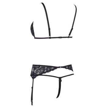 Cottelli LINGERIE - 3-Częściowy Zestaw Z Delikatnej Kwiatowej Koronki Czarny L