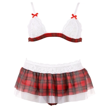 Cottelli LINGERIE - Seksowny 3-Częściowy Komplecik W Kratę Z Białą Koronką L