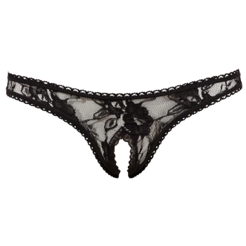 Cottelli LINGERIE - Seksowne Stringi Z Kwiatowej Koronki Bez Krocza Czarne S