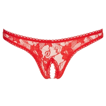 Cottelli LINGERIE - Seksowne Stringi Z Kwiatowej Koronki Bez Krocza Czerwone XL