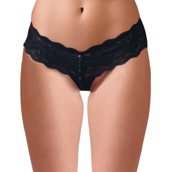 Cottelli LINGERIE - Koronkowe Stringi Z Perełkami W Kroczu Czarne S