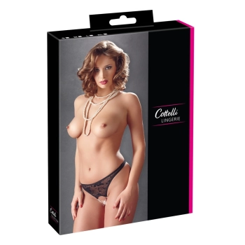 Cottelli LINGERIE - Czarne Koronkowe Stringi Z Perłami W Kroczu M
