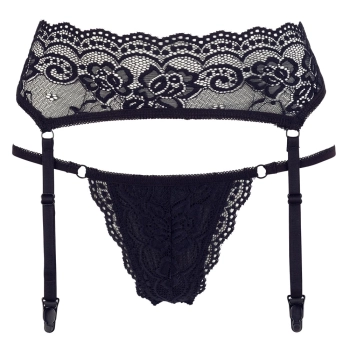 Cottelli LINGERIE - Seksowny Koronkowy Pas Do Pończoch I Stringi Czarne S