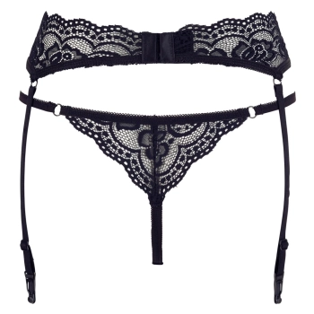 Cottelli LINGERIE - Seksowny Koronkowy Pas Do Pończoch I Stringi Czarne M