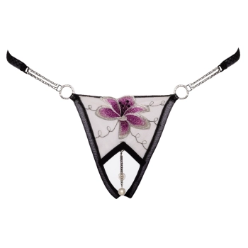 Cottelli LINGERIE - Stringi Bez Krocza Z Delikatnej Siateczki I Eleganckim Haftem M/L