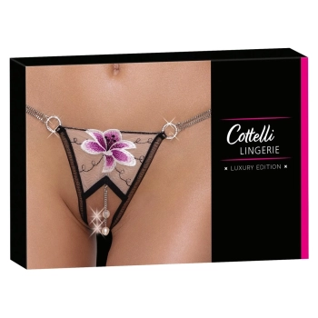 Cottelli LINGERIE - Stringi Bez Krocza Z Delikatnej Siateczki I Eleganckim Haftem M/L