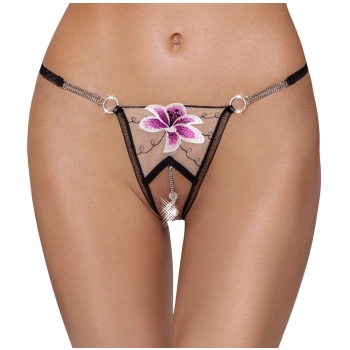 Cottelli LINGERIE - Stringi Bez Krocza Z Delikatnej Siateczki I Eleganckim Haftem M/L