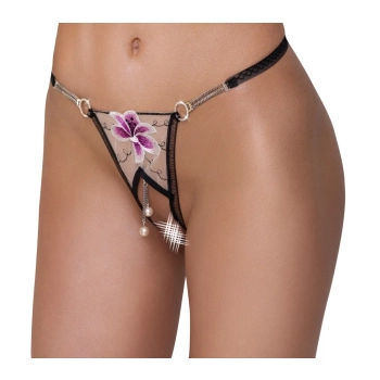 Cottelli LINGERIE - Stringi Bez Krocza Z Delikatnej Siateczki I Eleganckim Haftem M/L