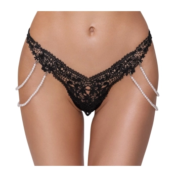 Cottelli LINGERIE - Koronkowe Stringi Z Perłowymi Odpinanymi Łańcuszkami S/M