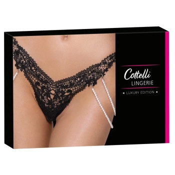 Cottelli LINGERIE - Koronkowe Stringi Z Perłowymi Odpinanymi Łańcuszkami M/L