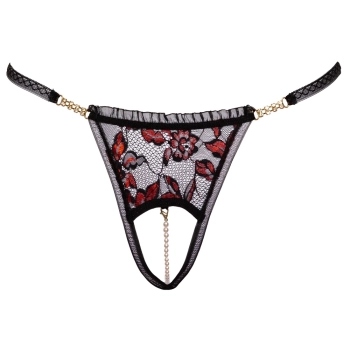 Cottelli LINGERIE - Stringi Z Delikatnej Kwiatowej Koronki Z Perełkami W Kroczu S/M