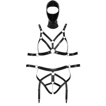 Bad Kitty - Skórzany Zestaw Uprzęży Z Paseczków I Maski Na Głowę XS