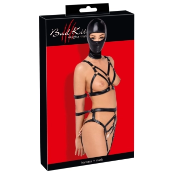 Bad Kitty - Skórzany Zestaw Uprzęży Z Paseczków I Maski Na Głowę XS