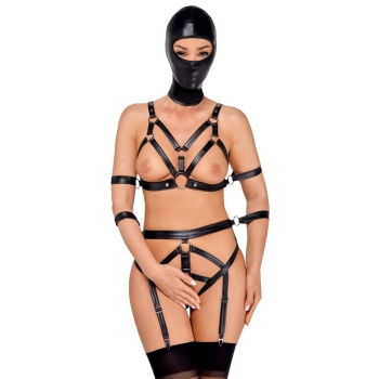 Bad Kitty - Skórzany Zestaw Uprzęży Z Paseczków I Maski Na Głowę XS