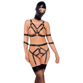 Bad Kitty - Skórzany Zestaw Uprzęży Z Paseczków I Maski Na Głowę XS
