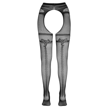 Cottelli LEGWEAR - Czarne Siateczkowe Rajstopy Z Podwiązka Bez Krocza L/XL