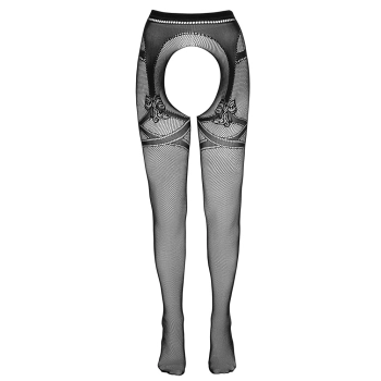 Cottelli LEGWEAR - Czarne Siateczkowe Rajstopy Z Podwiązka Bez Krocza L/XL
