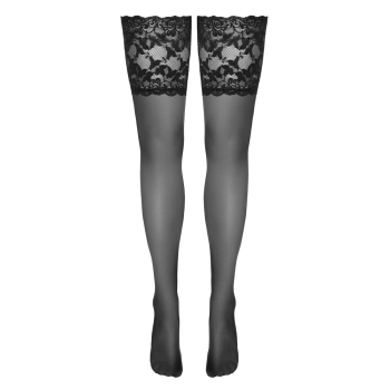 Cottelli LEGWEAR - Samonośne Czarne Pończochy Z Szeroką Koronką 4