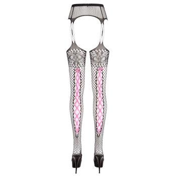 Cottelli LEGWEAR - Rajstopy Do Pończoch Z Siateczki Z Różowym Wiązaniem L/XL
