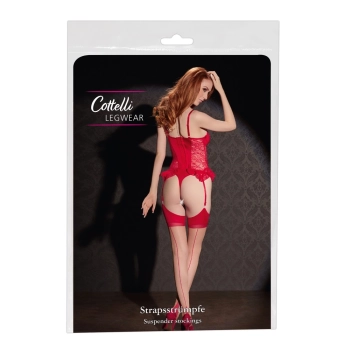 Cottelli LEGWEAR - Beżowe Pończochy Z Czerwonym Szwem I Wykończeniem 4
