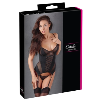 Cottelli LINGERIE - Seksowna Koszulka Z Paskami Do Pończoch + Stringi Czarne M