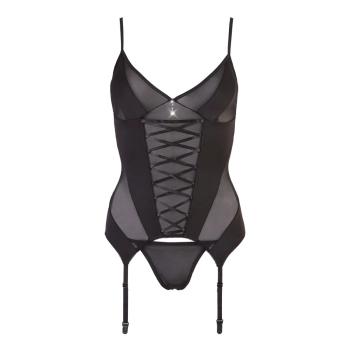 Cottelli LINGERIE - Seksowna Koszulka Z Paskami Do Pończoch + Stringi Czarne XL