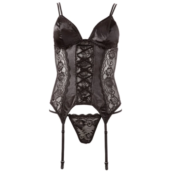 Cottelli LINGERIE - Koronkowa Koszulka Z Paskami Do Pończoch + Stringi Czarne L
