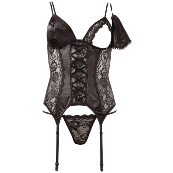 Cottelli LINGERIE - Koronkowa Koszulka Z Paskami Do Pończoch + Stringi Czarne L