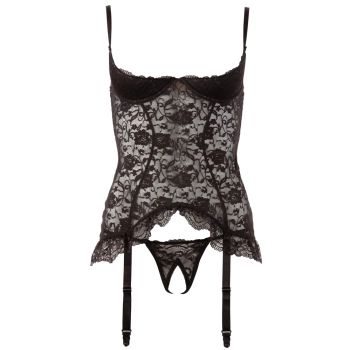 Cottelli LINGERIE - Koronkowa Koszulka Z Paskami Do Pończoch Bez Miseczek + Stringi 85C/XL