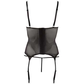Cottelli LINGERIE - Seksowna Siateczkowa Koszulka Z Paskami Do Pończoch + Stringi Czarne S