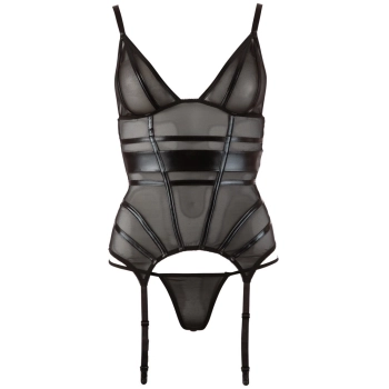 Cottelli LINGERIE - Seksowna Siateczkowa Koszulka Z Paskami Do Pończoch + Stringi Czarne M