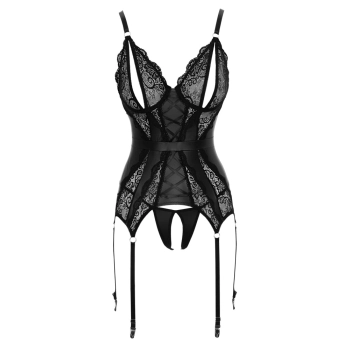 Cottelli LINGERIE - Koronkowa Koszulka Z Otwartymi Miseczkami I Stringi Bez Krocza Czarne S