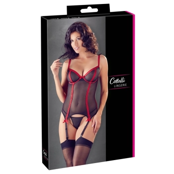 Cottelli LINGERIE - Siateczkowa Koszulka Z Paskami Do Pończoch + Stringi 85B/L