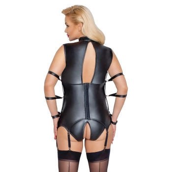 Cottelli Bondage - Matowa Koszulka Z Paskami Do Pończoch + Majtki Bez Krocza 3XL