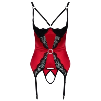 Cottelli LINGERIE - Seksowna Haleczka Bez Biustu Z Paskami Do Pończoch + Otwarte Stringi S