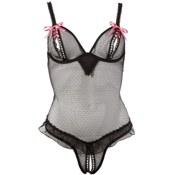 Cottelli LINGERIE - Seksowne Siateczkowe Body Z Otwartym Kroczem I Biustem Czarne 85B/L