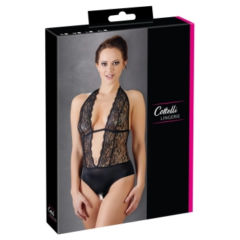 Cottelli LINGERIE - Koronkowe Czarne Body Z Otwartym Kroczem L