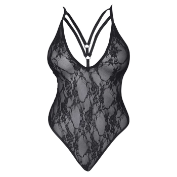 Cottelli LINGERIE - Seksowne Koronkowe Body Z Ozdobnymi Paskami Czarne XL