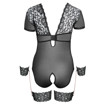 Cottelli Bondage - Siateczkowe Body Z Seksowną Koronką Bez Kroku Z Mankietami 85D/L