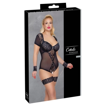 Cottelli Bondage - Siateczkowe Body Z Seksowną Koronką Bez Kroku Z Mankietami 85D/L