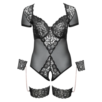 Cottelli Bondage - Siateczkowe Body Z Seksowną Koronką Bez Kroku Z Mankietami 95E/2XL