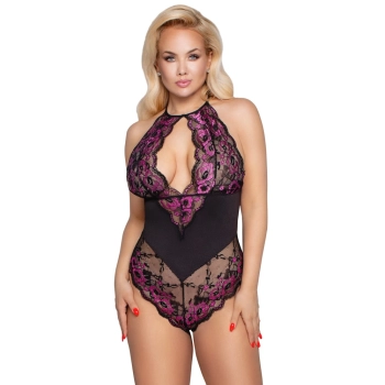 Cottelli CURVES - Dwukolorowe Kwiatowe Body Z Delikatne Koronki 2XL