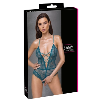 Cottelli LINGERIE - Seksowne Koronkowe Body Z Paseczkami Bez Krocza Zielone S
