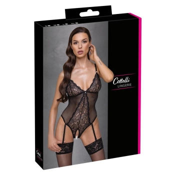 Cottelli LINGERIE - Czarne Siateczkowe Body Z Delikatną Koronką Bez Krocza L