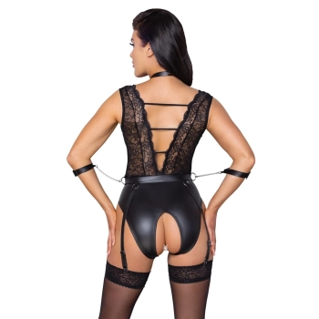 Cottelli Bondage - Seksowne Body Z Mankietami Obrożą I Paskami Do Pończoch L