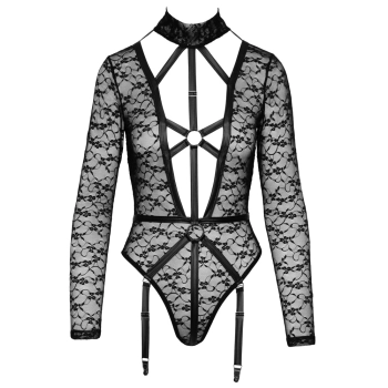 Cottelli LINGERIE - Seksowne Koronkowe Body Z Długim Rękawem Wygląd Uprzęży Czarne L