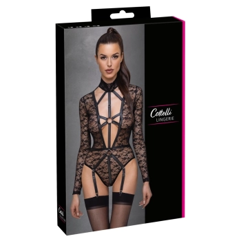 Cottelli LINGERIE - Seksowne Koronkowe Body Z Długim Rękawem Wygląd Uprzęży Czarne L