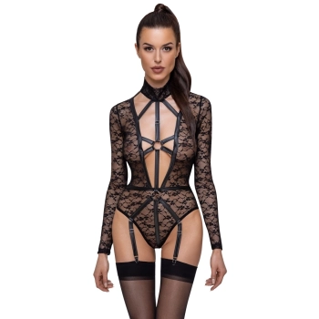 Cottelli LINGERIE - Seksowne Koronkowe Body Z Długim Rękawem Wygląd Uprzęży Czarne L